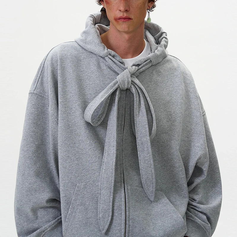 Y2K Style Mens Hoodies Vintage Lace-up Design Zipper Hooded Jackets Men Streetwear 2025 Spring Autumn Casual Solid Color Hoodie
