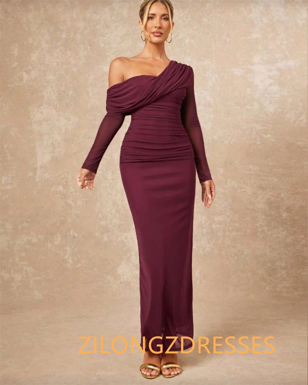 فستان سهرة شيفون رسمي مخصص رائع بكتف واحد وأكمام طويلة فساتين العودة للوطن موضة فساتين المناسبات الخاصة