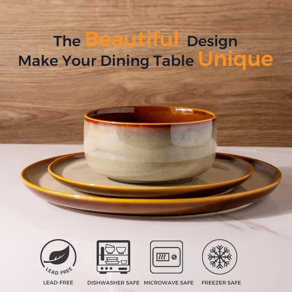 Ceramic Dinnerware Sets,Stoneware Plates and Bowls Sets,Reactive Glaze Dishes Set,Highly Chip and Crack Resistant