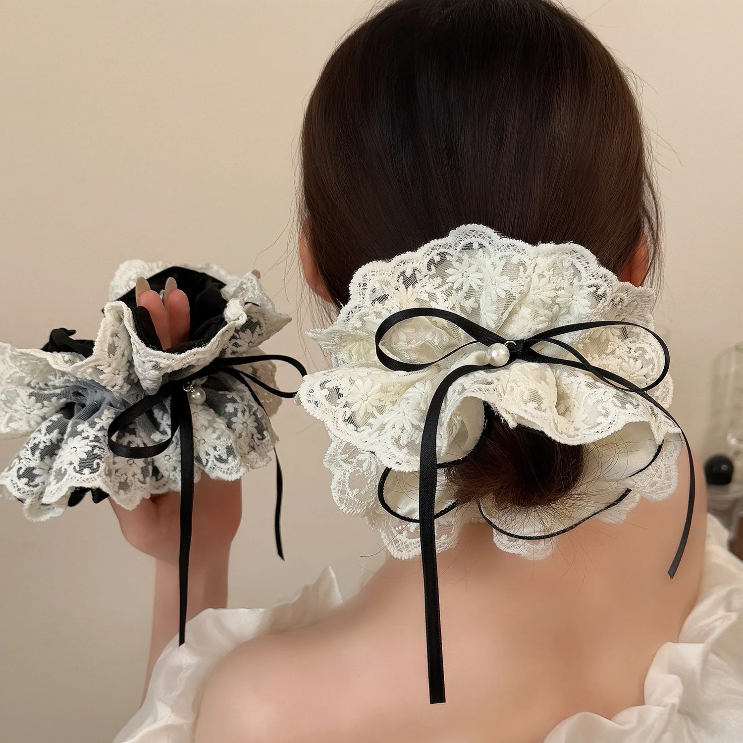 

1pc sweet bow four-layer lace hair ring, gentle Korean leather band head flower, fashion embroidery high-end hair rope
