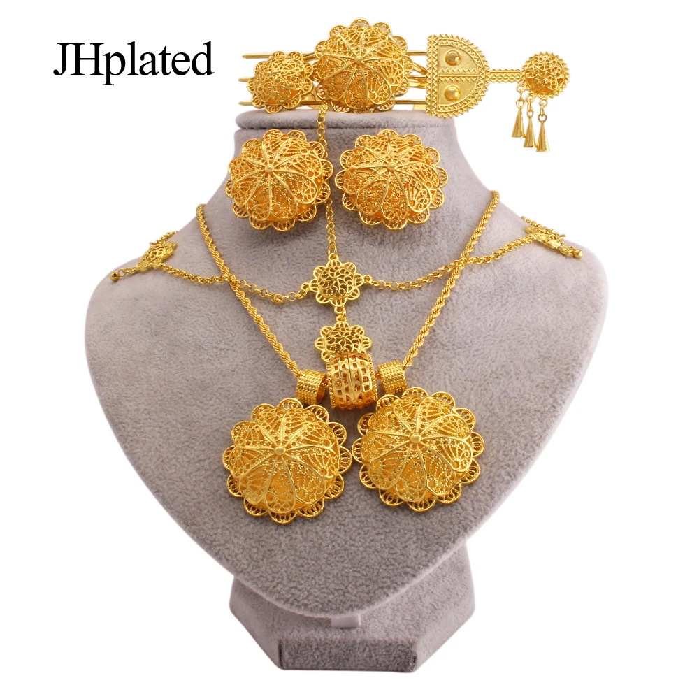 Ethiopian gold plated Jewelry sets earrings hairpin necklace bracelet rings African wedding gifts jewellery set for women