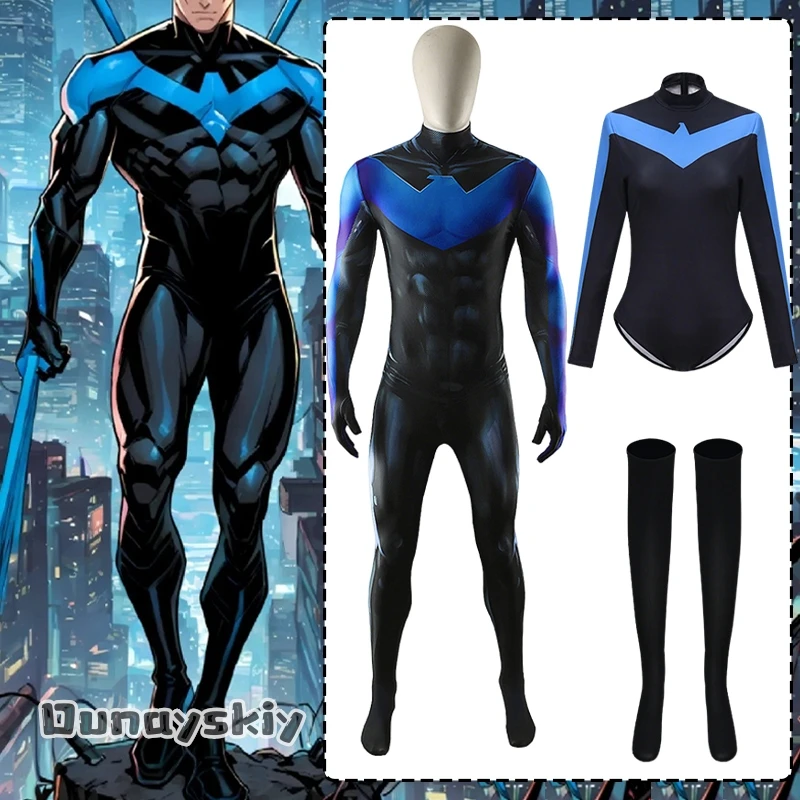 

aBc01 Adults Men Women Halloween Nightwing Cosplay Costume Black and Blue Jumpsuit Party Masquerade Tightfitting Roleplay Outfit