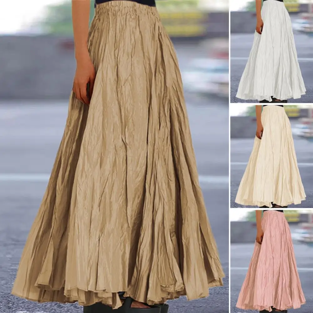 Ankle-length Women Skirt Elegant High Waist Pleated Maxi Skirt for Women Solid Color A-line Ankle-length Skirt with Hem for Work