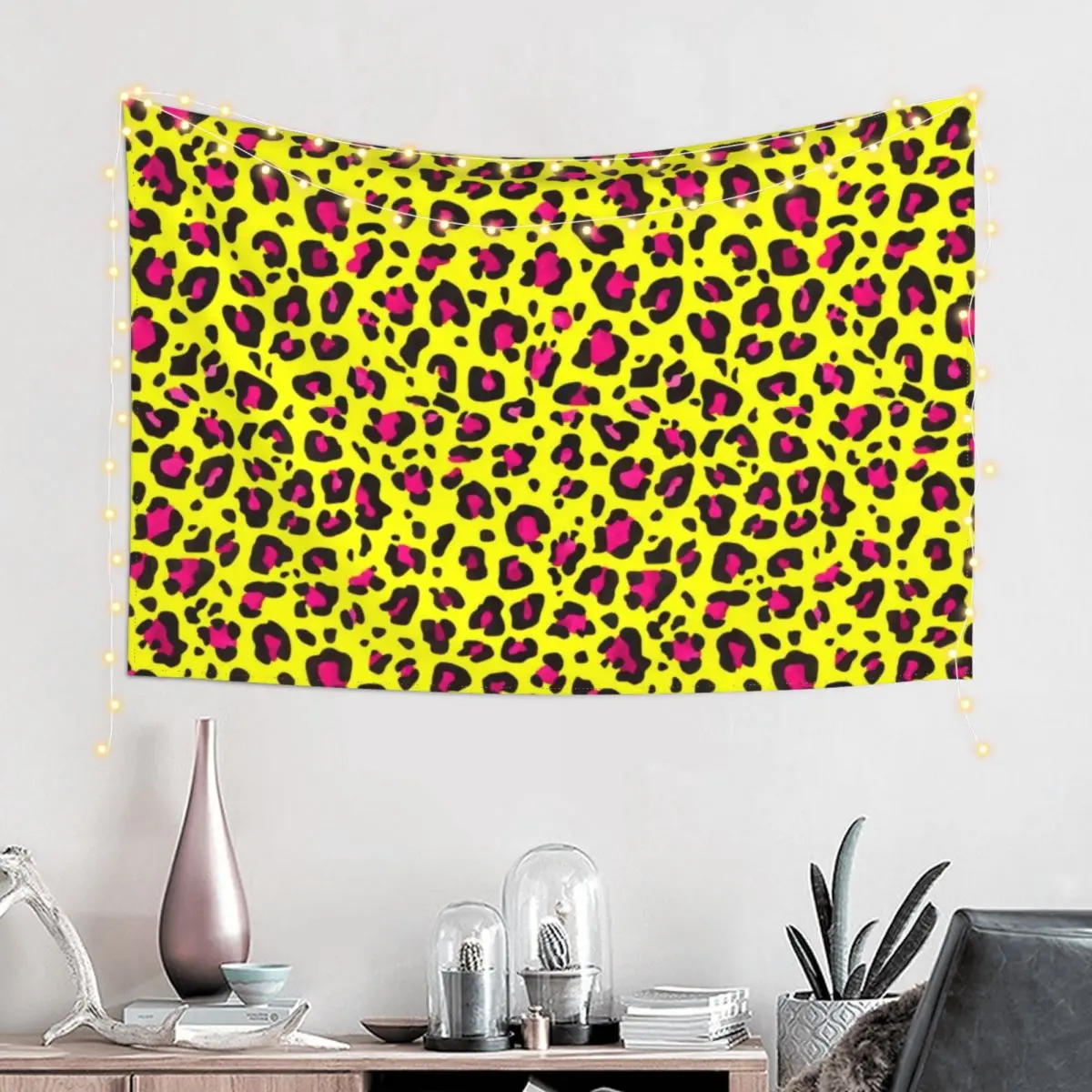 

Yellow, Bright Pink, and Black Leopard Print Tapestry Bedrooms Decor Room Decor Luxury Living Room Decoration Tapestry