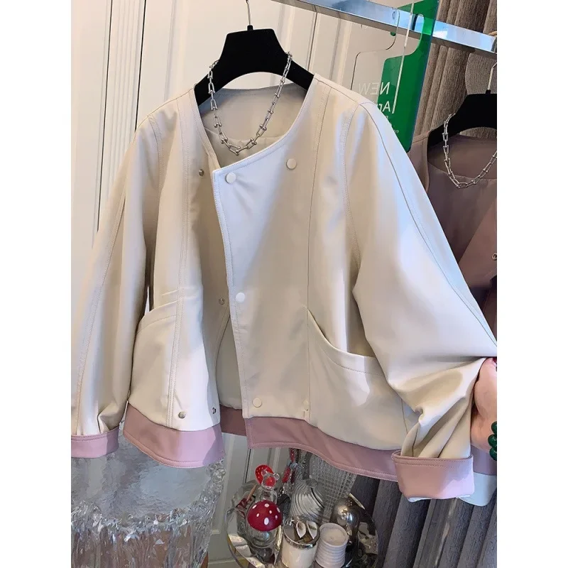 

Round Neck Design Niche Pink Loose Casual Jacket for Women Autumn New Korean Retro Double-breasted