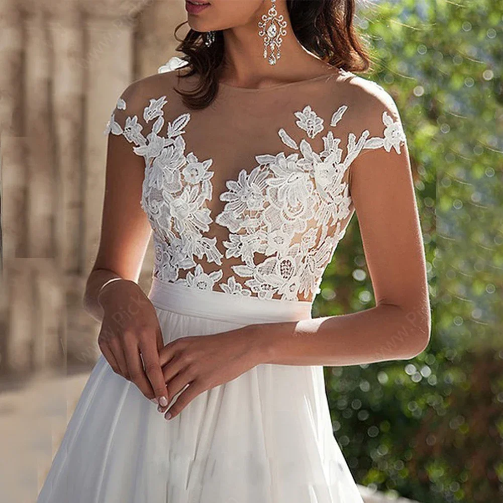 

Floral Lace Wedding Elegant Chiffon Dress Evening Party Ball Gown Dress Split Skirt Short-Sleeved See-Through Bridesmaid Dress
