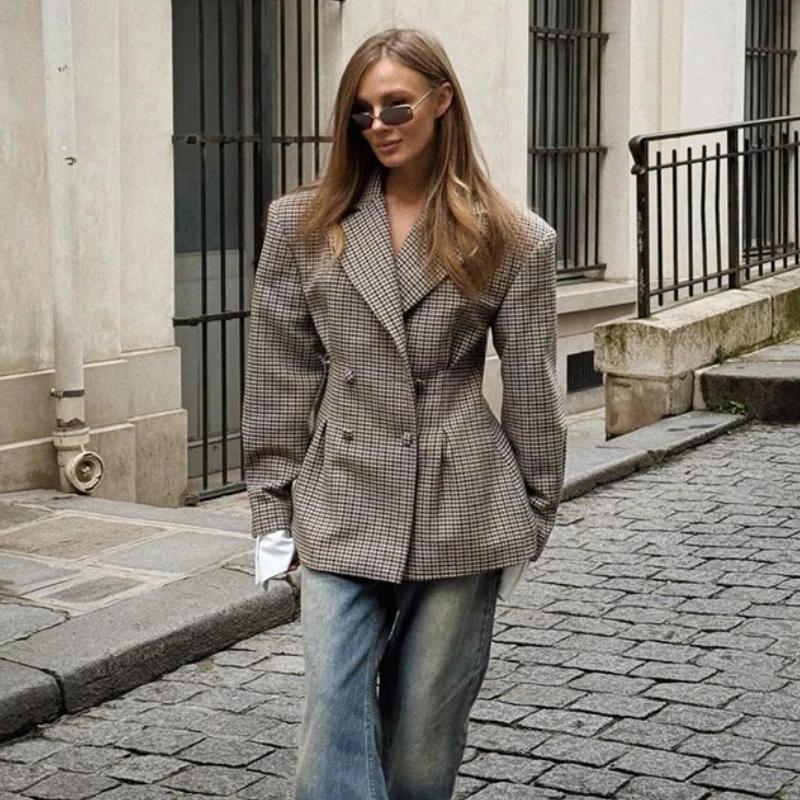 

Yaminiya, новая мода, клетчатый пиджак с завязкой на талии, сексуальный ретро профессиональный формальный уличный женский костюм, женский пиджак 2025