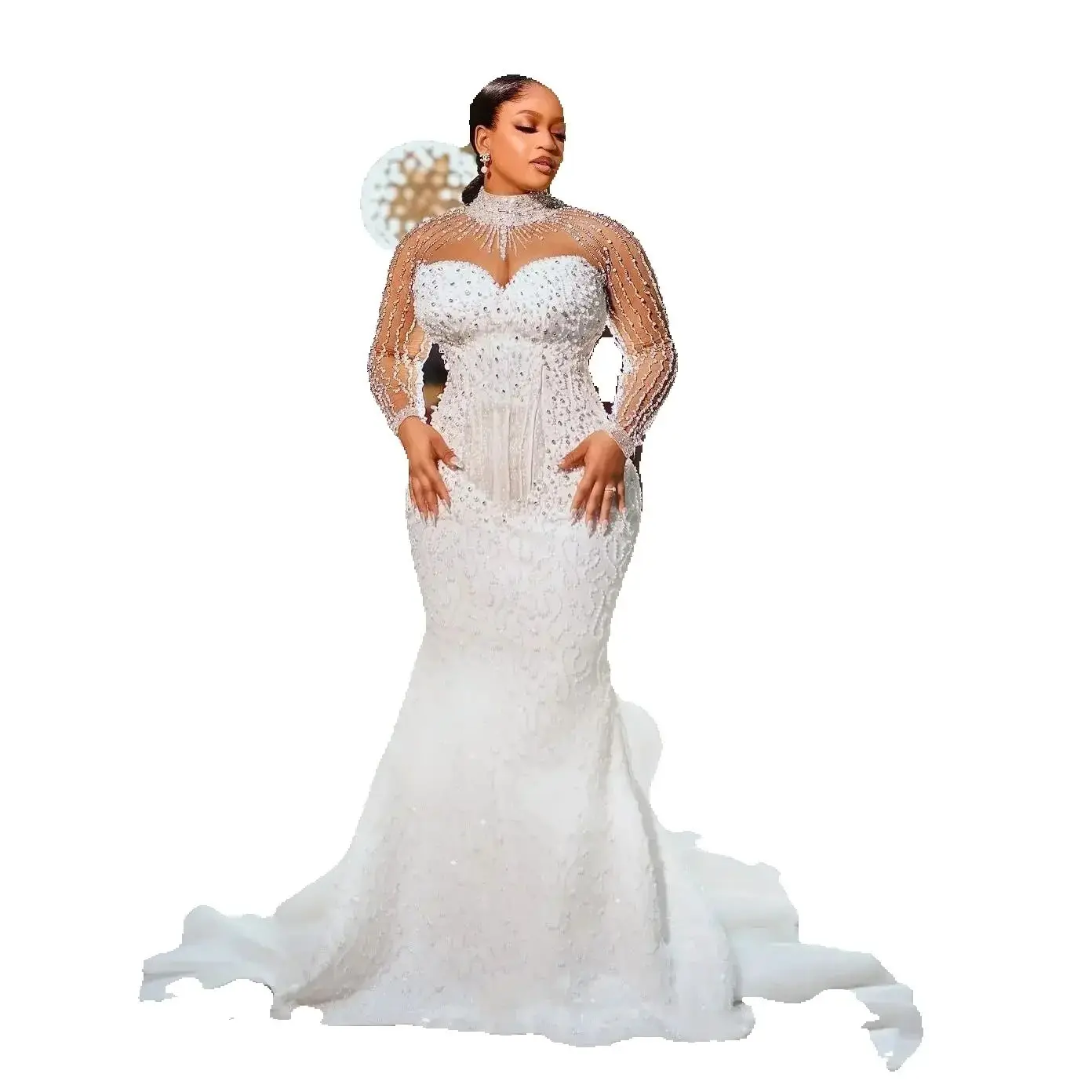 

Customized High Neck Shinny Pearls Beads Wedding Dress Vestidos De Novia Full Sleeve Arabic Ebi Luxurious Bridal Gowns