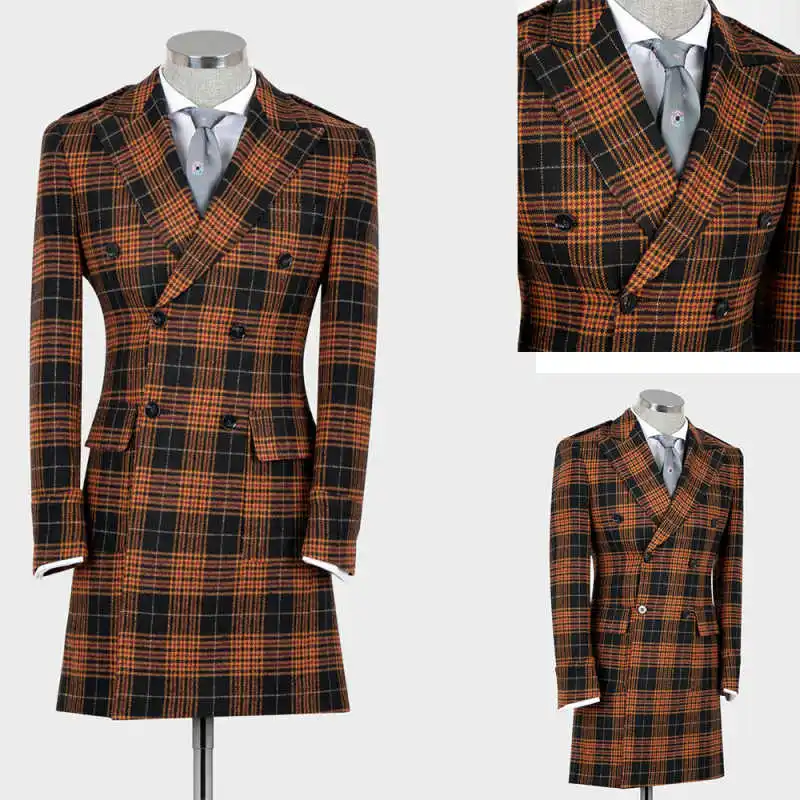 

Modern Plaid Men OverCoat 1 Piece Double Breasted Peaked Lapel Male Handsome Winter Outdoors Warm Party Occasion Coat