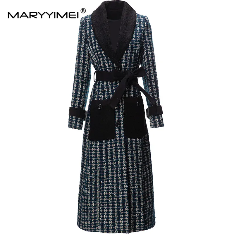 

MARYYIMEI Fashion Designer Autumn/Winter Overcoat Women's Lapel Long Sleeve Single-Breasted Cuff Girdle Front Big Pocket Coat