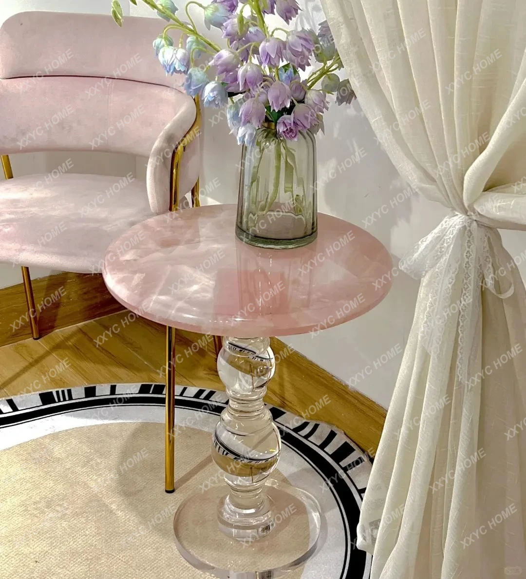 

Style Light Luxury Pink Crystal Luxury Stone Edge Natural Marble Design Bedside Table