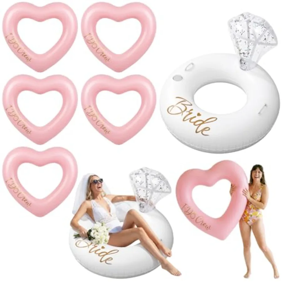 

Bachelorette pool floats for bridal shower: inflatable diamond ring and pink heart loungers, PVC material, pink color, durable