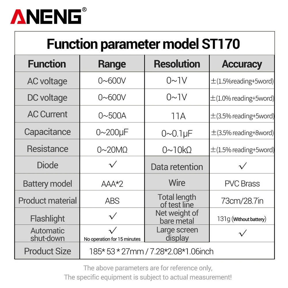 ANENG ST170 Digital Clamp Meter 500A AC Current Multimeter 1999 Counts AC/DC Voltage Tester Hz Capacitance NCV Ohm Diode Test