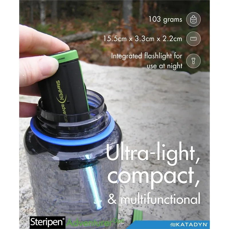 SteriPen-Opti UV Purificador de Água Pessoal para Camping, Mochila, Preparação de Emergência, Viagem, Preto, Verde, Pequeno, Aventureiro