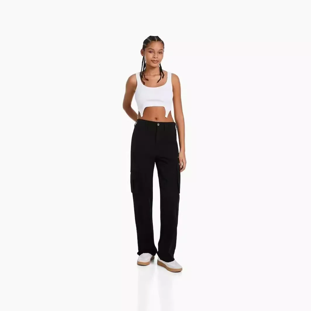 Calça cargo de cintura alta feminina com bolso, calça reta solta, moda casual, versátil, monocromática, primavera, verão, 2024