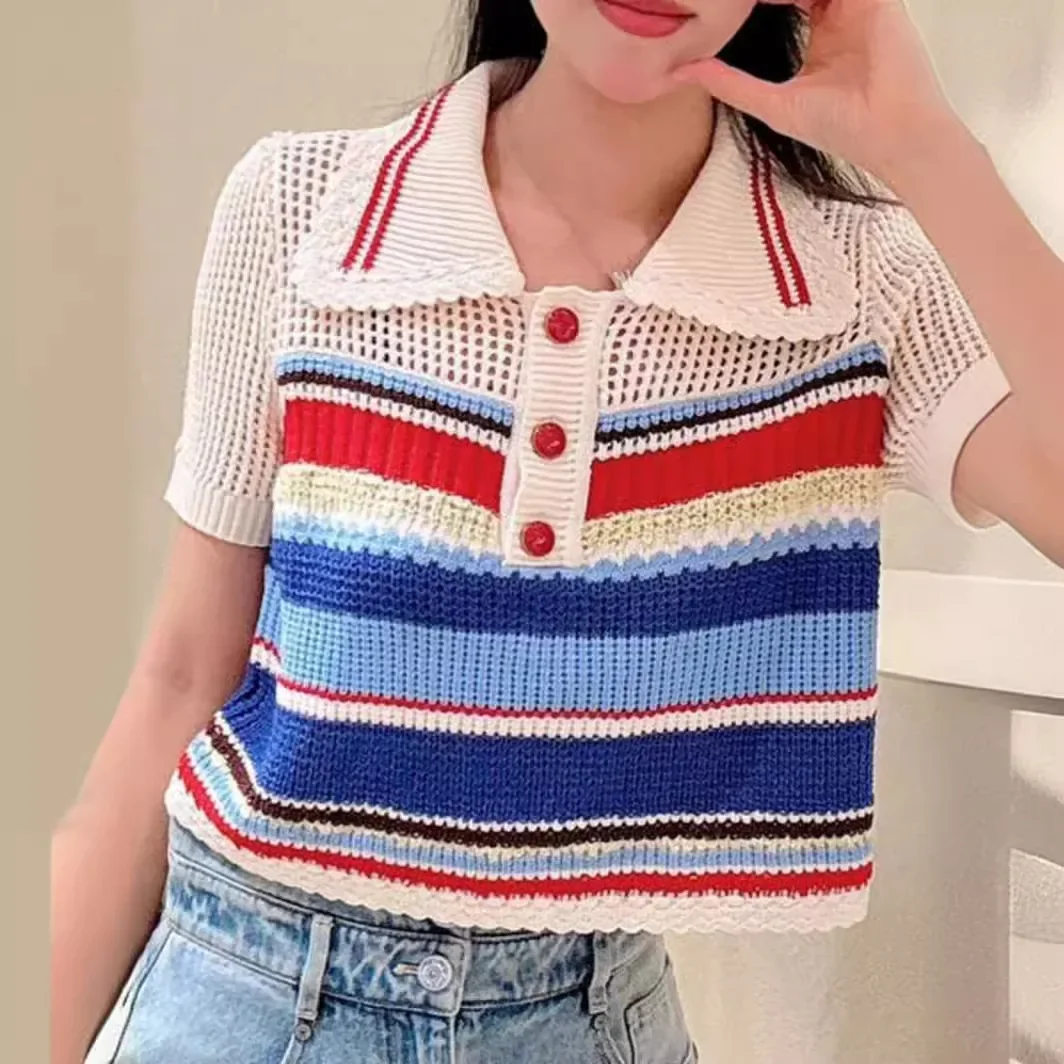 

2024 summer women hollow rainbow striped sweater short sleeve slim colorful top