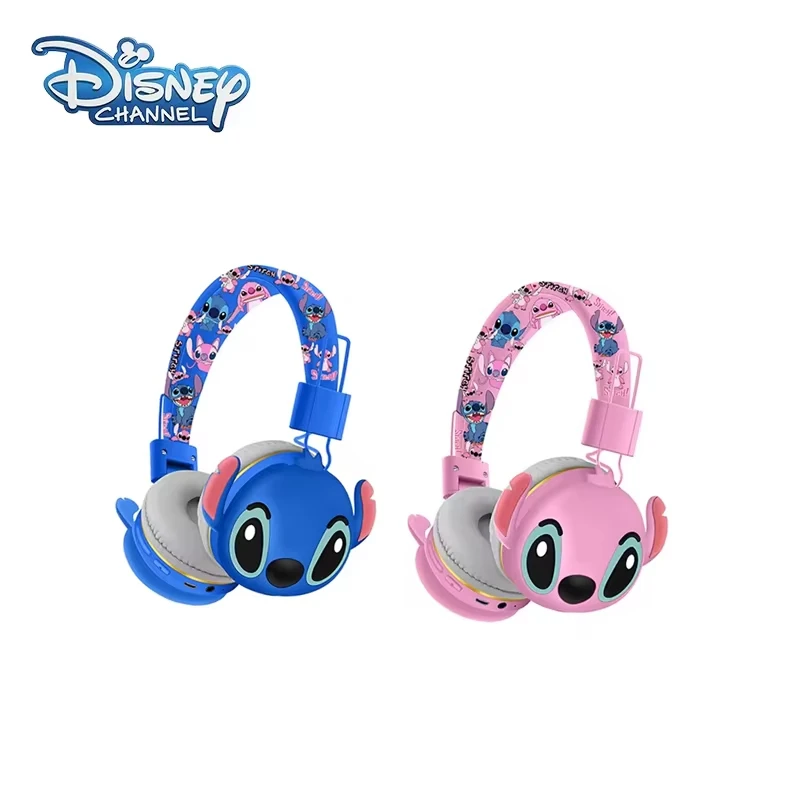 Headphone Bluetooth Anime Kartun Stitch Disney Ah-906 Earbud Nirkabel Suara Hifi Headset Lipat dengan Mikrofon Hadiah Anak-anak Kawaii