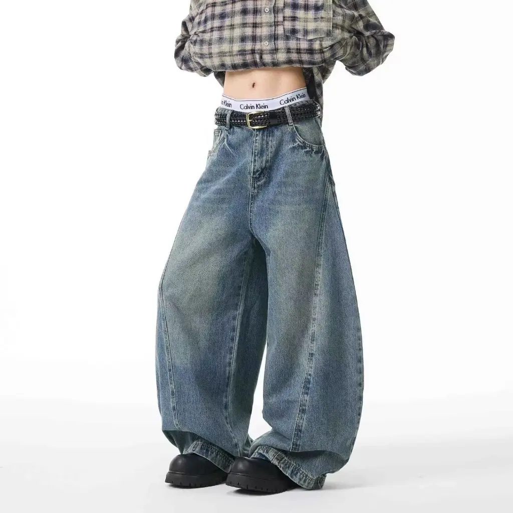 

Men's American Retro Patchwork Scimitar Jeans Loose Wide-Leg Stylish Oversized Deconstructed Drape Pants