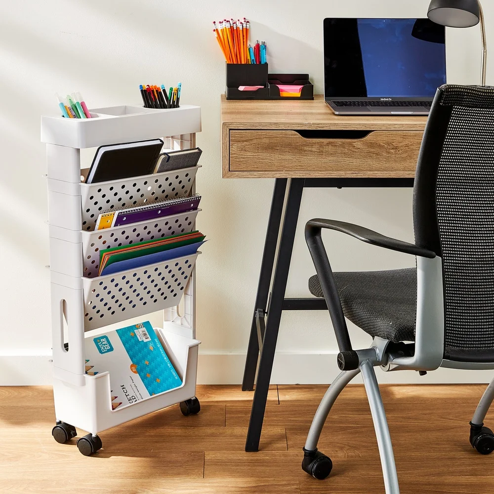 5-Tier Rolling Storage Cart Durable Organizer with Locking Casters Office Classroom Supplies Easy Assembly White