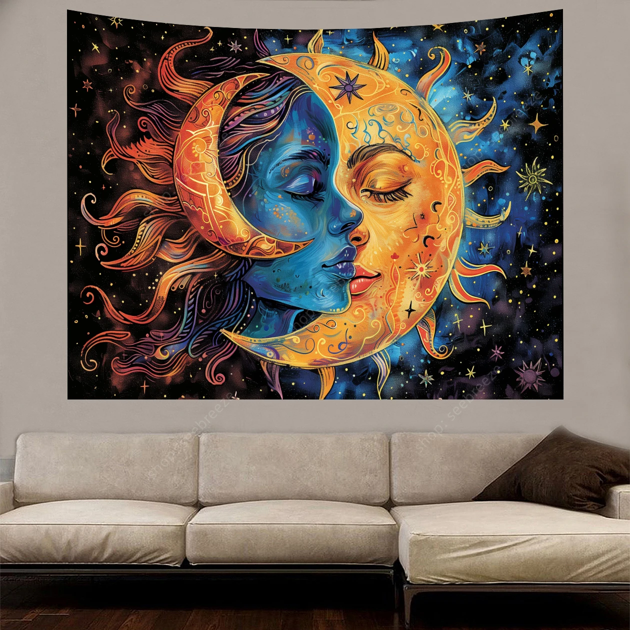 

Sun and Moon Tapestries Burning Sun with Star Psychedelic Mystic Wall Art Aesthetic Wall Decor Wall Art for Bedroom, Dorm Decor