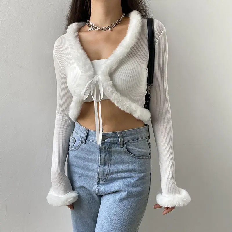 American retro fashion fluffy patchwork knit threaded tops women\'s clothing lace-up design fur collar cardigan 