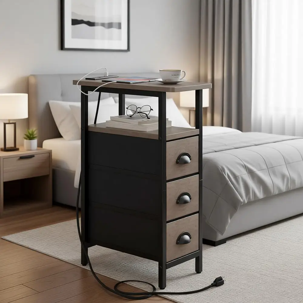 

Narrow End Table with USB Charging & Outlets, Space-Saving Bedside Stands, Sleek Living Room Sofa Table, Grey