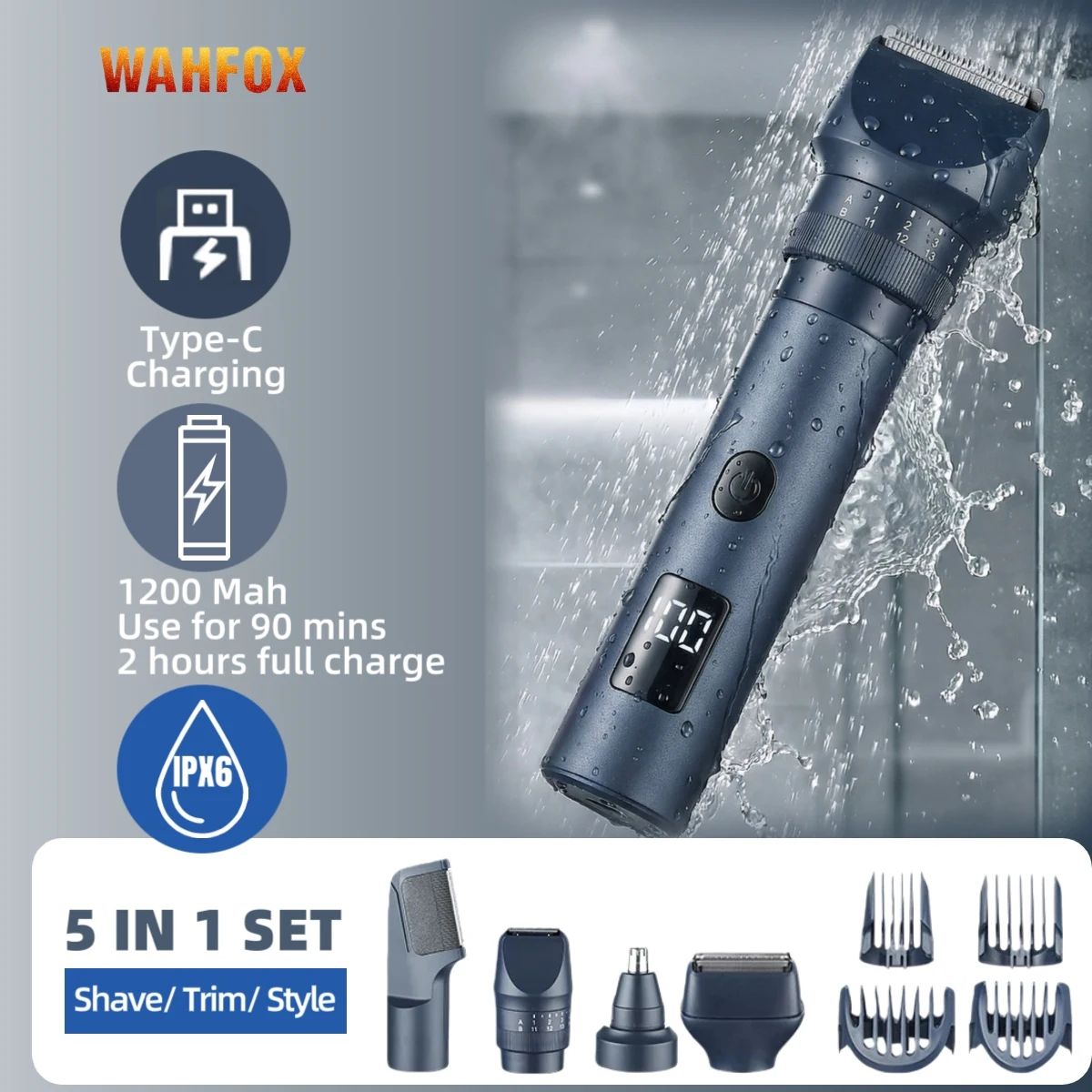 

WAHFOX Men's Hair Trimmer Set 5-in-1 Waterproof Beard Nose Face & Body Hair Clipper Grooming Kit with Hair Cutting Machine