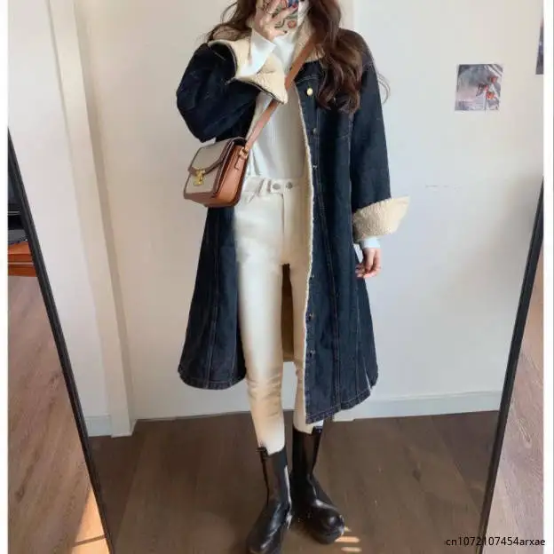 

Korean Fashion Lambwool Long Jeans Jackets Womens Fall Winter Denim Coats Casual Plush Velvet Lined Vaqueras Jaqueta Oversized