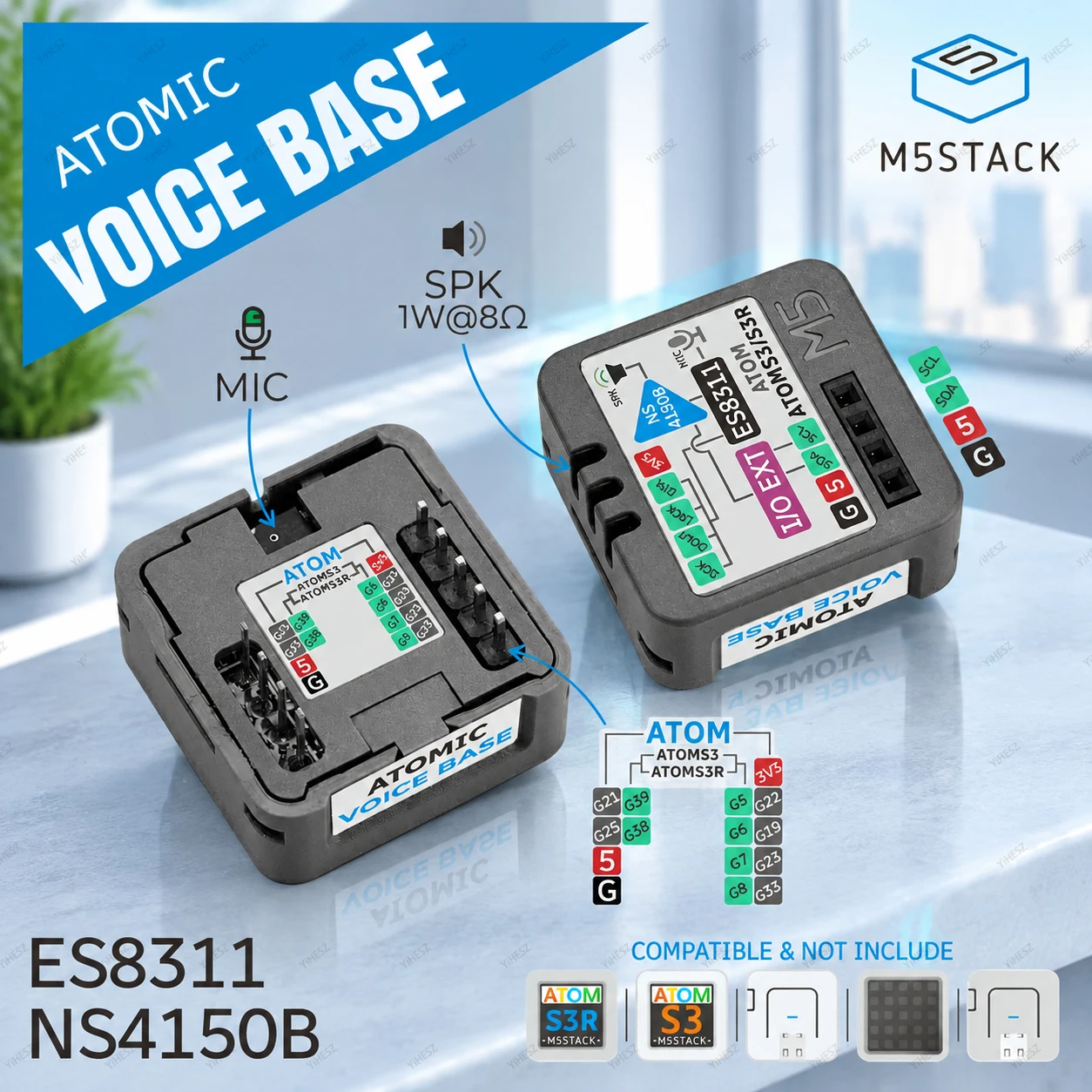 M5Stack Atomic Voice Base AI Voice Recognition Module ES8311 MIC Speaker Audio Expansion For AtomS3 ESP32 IoT Arduino