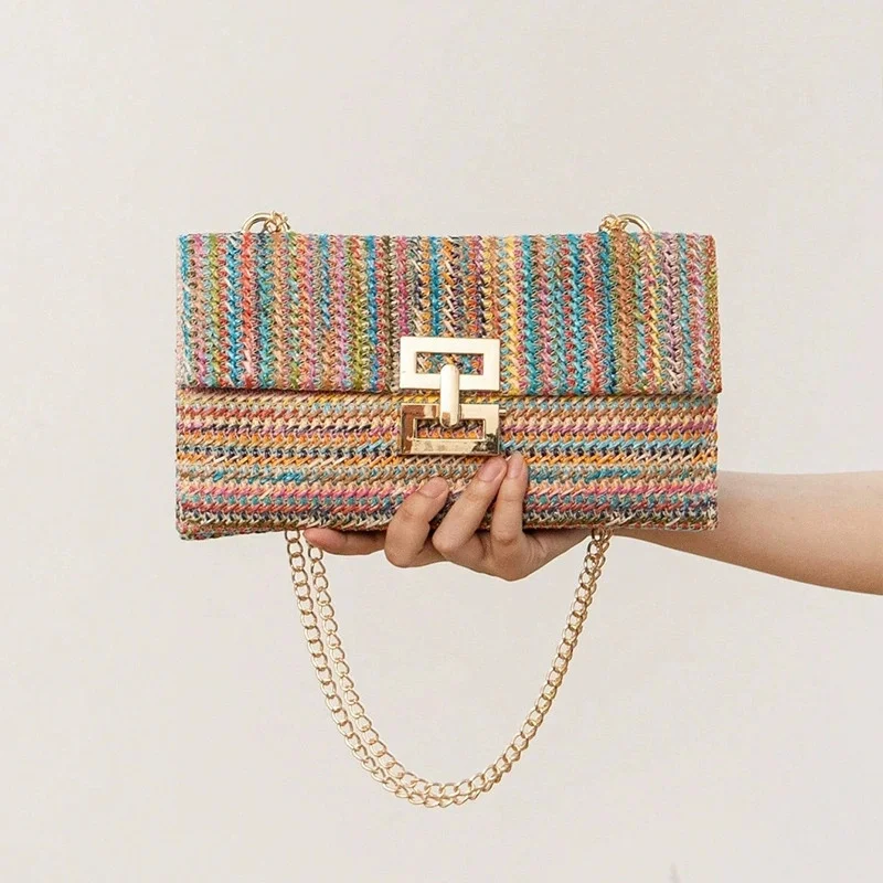 

Summer Style Straw Woven Clutch for Women New Boho Leisure Flip Grass Handbag Holiday Two Layer Envelope Bags Crossbody Chain