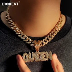 Iced Out Bling QUEEN Letter Pendant Necklace for Women Men 13mm Miami Cuban Link Chain Necklace Male HipHop Rock Fashion Jewelry