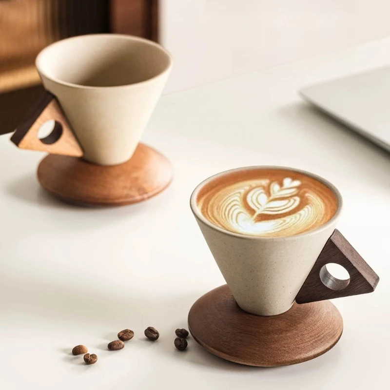 

Medieval Folkstyle Ceramic Cone Coffee Mug Design, Niche Creative Osmanthus Wood Coffee Cup & Saucer, High-End Ceramic Cup