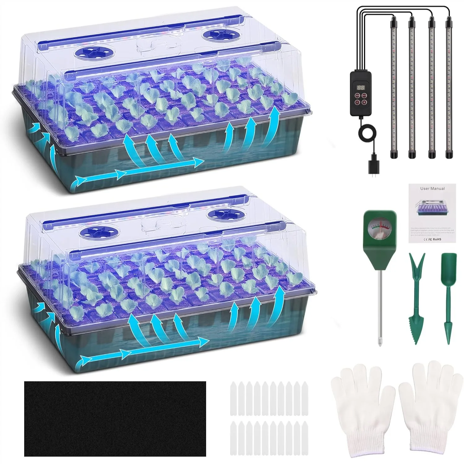 

Self-Watering Seed Starter Tray with Grow Light, 1-24H Timer, Humidity Dome, pH Meter, Gloves, Seedling Tools - Indoor Kit for