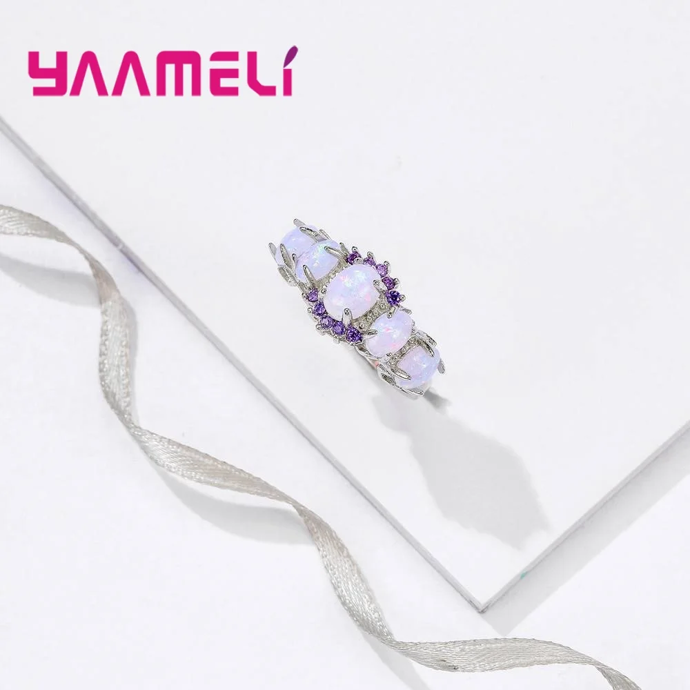 Popular Five Oval Opal With Pretty Purple Flower Jewelry Finger Rings Fine 925 Sterling Silver Color Crystal For Women Girls