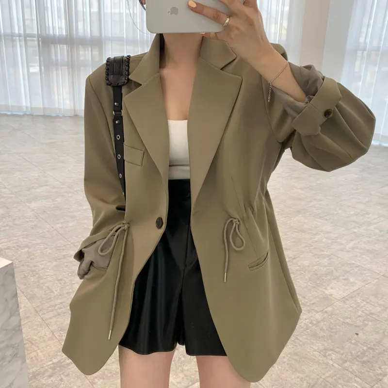 Tannt Women Blazer Drawtherope Vintage Fashion Oversize Winter Jacket Black Khaki Bandages Chic And Elegant Woman Jacket 2023