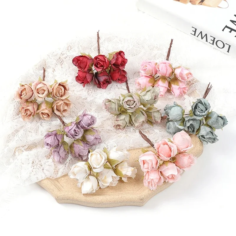 6PCs/Lot Mini Artificial Flowers Bouquet Silk Rose Fake Flowers For Home Room Decor Wedding Decoration DIY Crafts Accessories