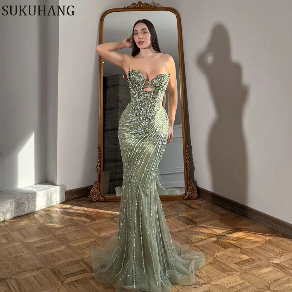 فستان سهرة بحورية البحر فاخر بشراشيب كريستالي من SUKUHANG على شكل قلب وأربطة طويلة للحفلات الراقصة باللون الأخضر حسب الطلب #1