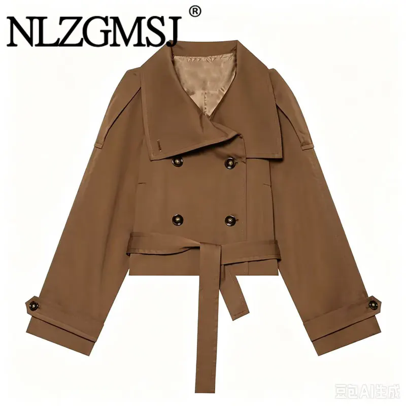 NLZGMSJ 2026 Spring Autumn Women Cropped Double Breasted Trench Jacket Lapel Collar Belt Short Windbreaker Outer Coat