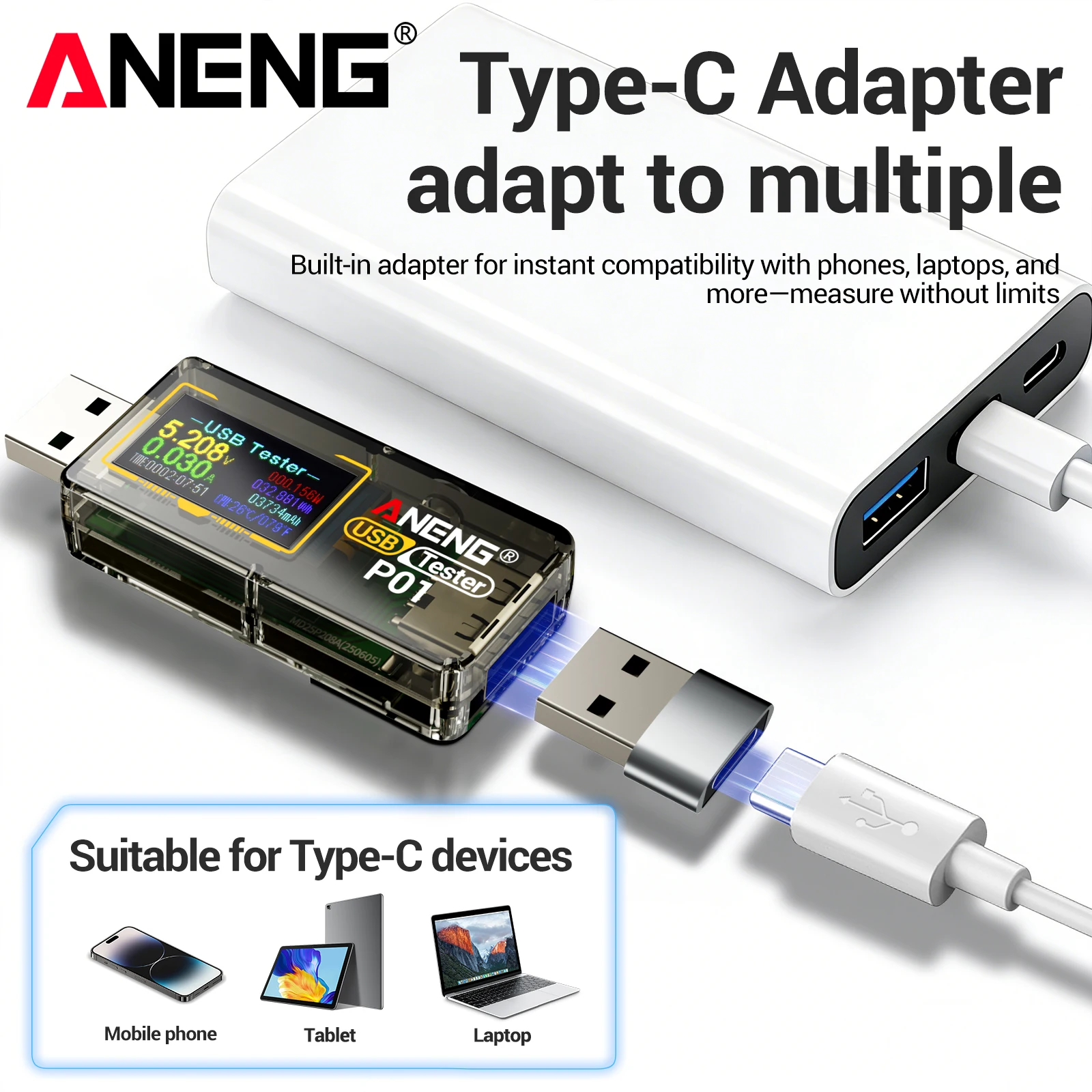 ANENG P01 USB Tester Digital Voltage Current Power Meter 4V‑30V With Temperature Detection Power‑Off Memory No Battery Required