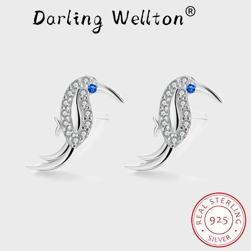 

NEW Creative Sapphire Animal Bird Full Diamond Stud Earrings For Women Blue Authentic Original Sterling Silver Valentine Jwelry