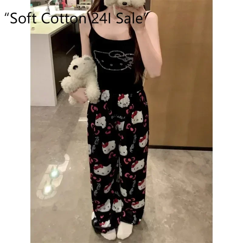 

New Hello Kitty pajamas summer with chest pads, suspenders, vest set, slim-fitting women's Sanrio loungewear trousers