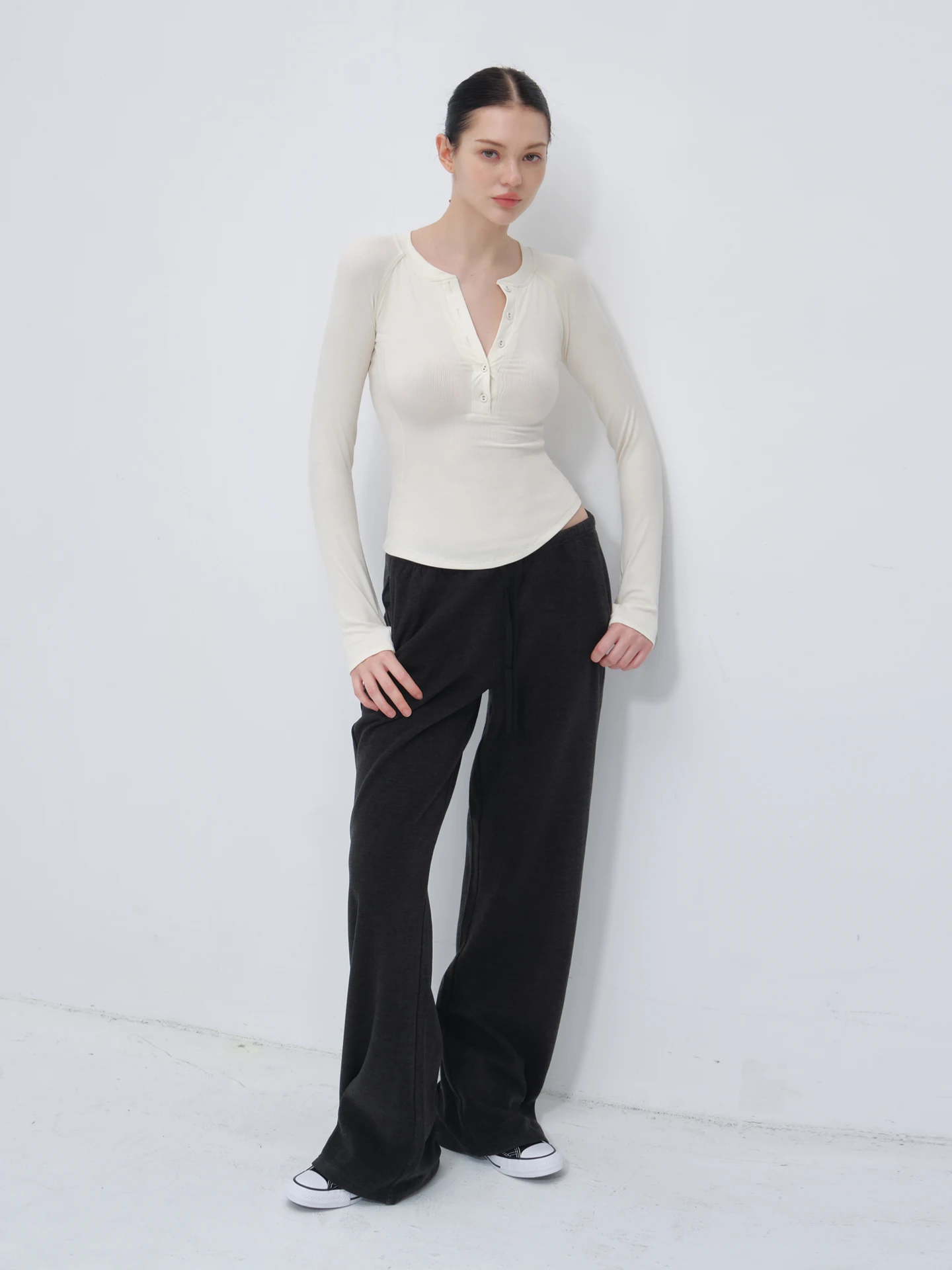 Black Drawstring High-Waisted Wide-Leg Pants for Women, Spring and Autumn Drapey Lazy Style Casual Pants, Slimming Floor-Length Straight-Leg Sports Sweatpants