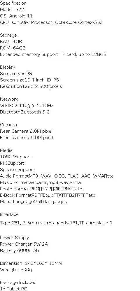 Tablette PC Android 11 de 10,1 pouces, processeur octocœur S22 Sun50iw, 4 Go de RAM, 64 Go de ROM, Cortex-A53, double caméra, port USB Type-C_voghion.com