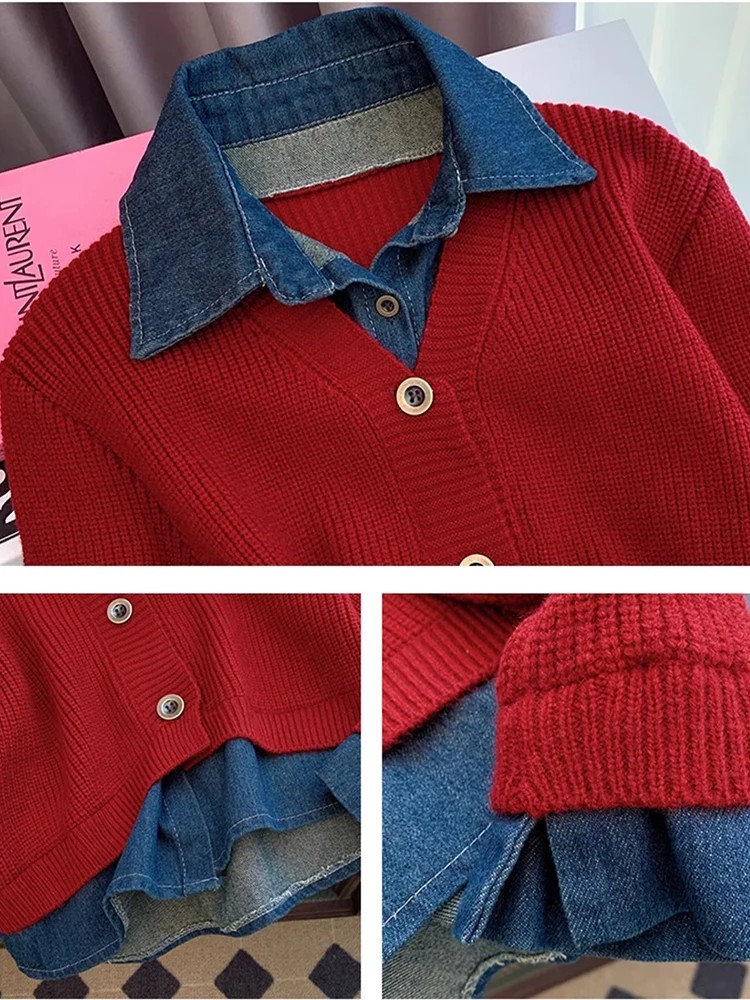 Vintage Denim Spliced Short Knit Tops Women Casual Long Sleeve Sweater Cardigans Korean Spirng Polo Collar Knitwear Sweatshirt