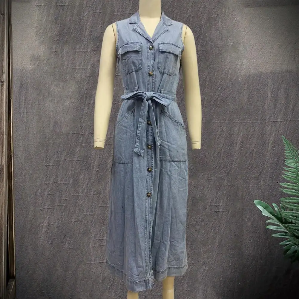 

Long Dress for Women Denim Shirt Dress with Belt V Neck Maxi Dress for Women Elegant Button Down Long Jean with Pockets Lapel
