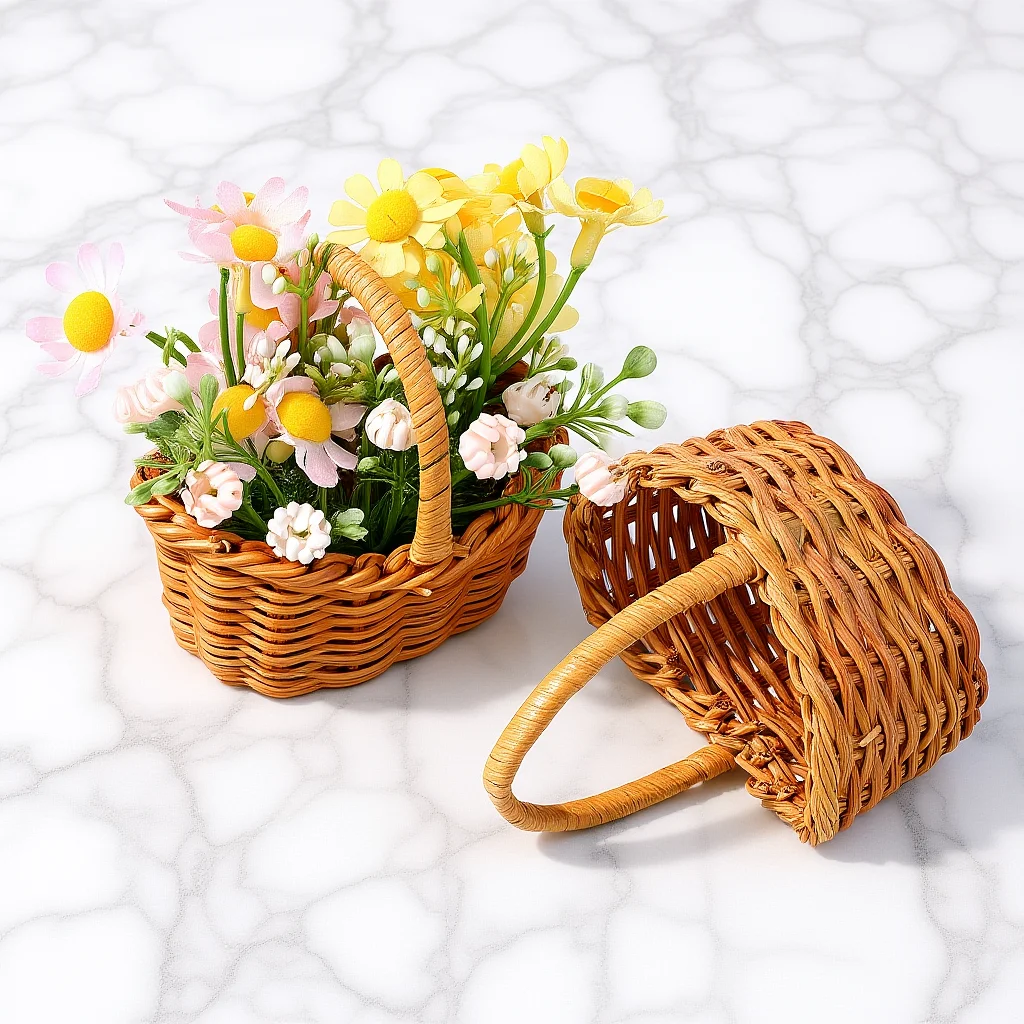 

2Pcs Hand Woven Mini Basket With Handle Small Woven Basket For Wedding Favors Picnic Home Decor Tiny Wicker Sundries Basket