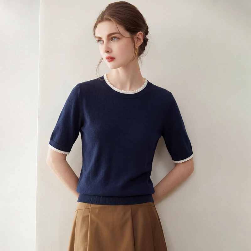 Women's round Neck Lace Vest T-shirt 15% Cashmere 85% Mulberry Silk Short Sleeved Thin Pullover Summer New Fashion