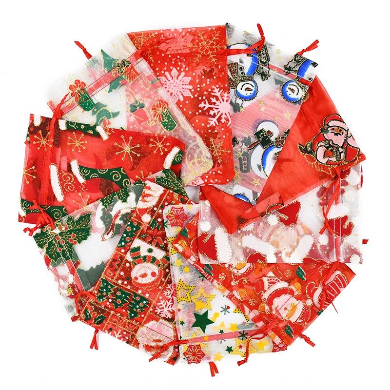 

10/20pcs Mixed Christmas Organza Bag Santa Claus Xmas Tree Printed Candy Gift Bag Jewelry Packing Drawstring Pouches 15x10cm