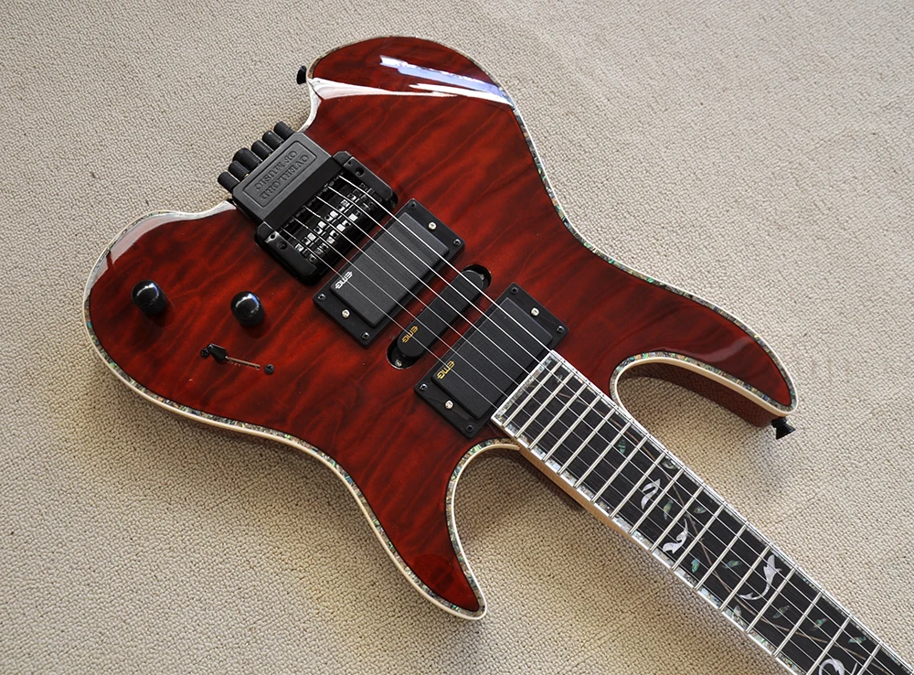 Red Headless Electric Guitar with Abalone Inlay,Rosewood Fretboard,Customized Logo/Color Available