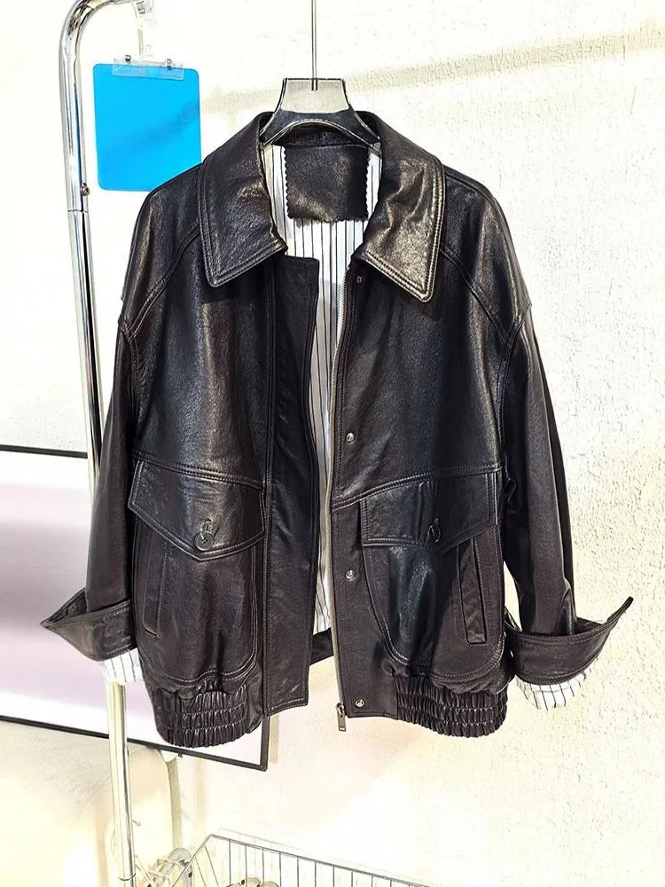 Damen Umlegekragen Ölwachs Schaffelljacke Lose Herbst Arbeitsmantel Winddicht Vintage Biker Reißverschluss Echtes Leder Damen